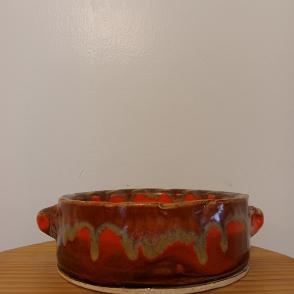 Art Pottery Orange & Brown/Tan Drip glaze dog or car bowl /soup turrine - Picture 3 of 5